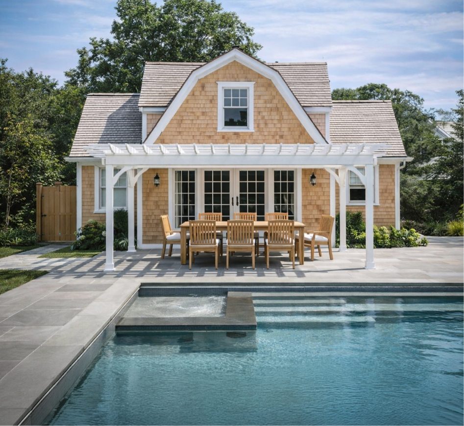 A welcoming pergola offers shade to a full furniture set underneath